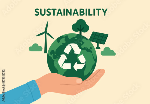 Sustainability, ecology or renewable energy to save the world from climate change or global warming, environmental safe or recycle concept, hand holding sustainable green world with recycle symbol.