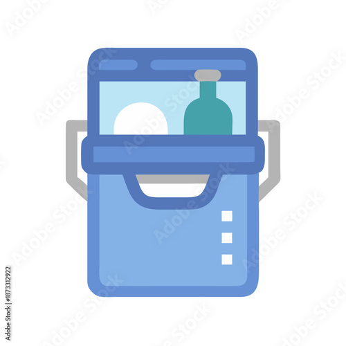 A compact blue cooler with an open lid, perfect for keeping drinks and snacks chilled outdoors Vector