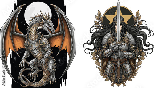 Fantasy dragon with metallic scales and armored warrior woman holding sword, dark medieval aesthetic, silver dragon and female knight, moon.