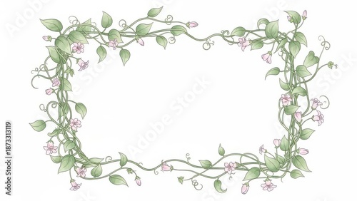 Intricate frame of green vines and small pink flowers on a white background