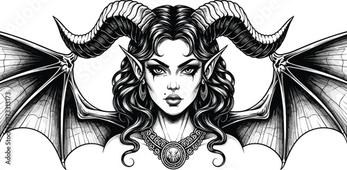 Gothic demonic woman silhouette with large horns and bat wings, dark fantasy female succubus portrait, ornate baroque necklace, Victorian engraving style.