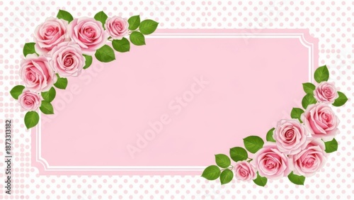 Pink roses adorn corners of pastel pink frame with polka dot background