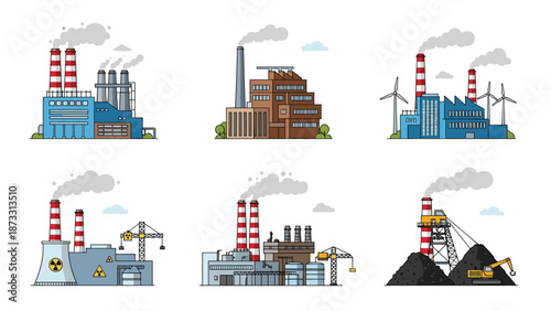 Industrial factory buildings set, power plants with smokestacks, nuclear energy, mining operation, manufacturing complex icons, flat vector illustration, pollution, environment, isolated.