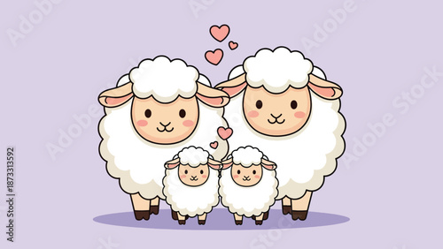Adorable Sheep Family with Two Lambs and Hearts.