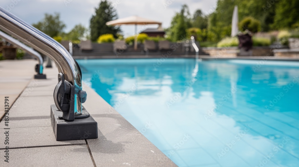 © SHI - unit. Modern pool area with a sleek mechanical unit, blending functionality and geometric design. safety posters, maintenance manuals, designed for industrial assembly lines and welding operations.