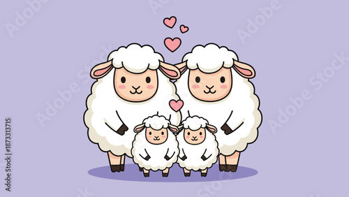 Adorable sheep family with two parents and two lambs showing love.
