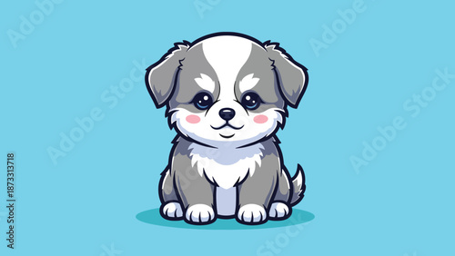Adorable Puppy Sitting Happily on a Blue Background.