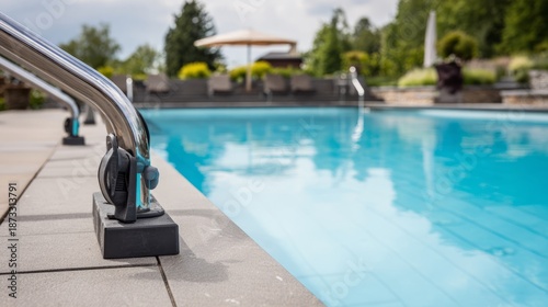 unit. Modern pool area with a sleek mechanical unit, blending functionality and geometric design. safety posters, maintenance manuals, designed for industrial assembly lines and welding operations.
