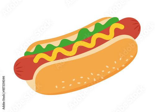 A stylized of a hot dog with mustard and relish a white background sausage