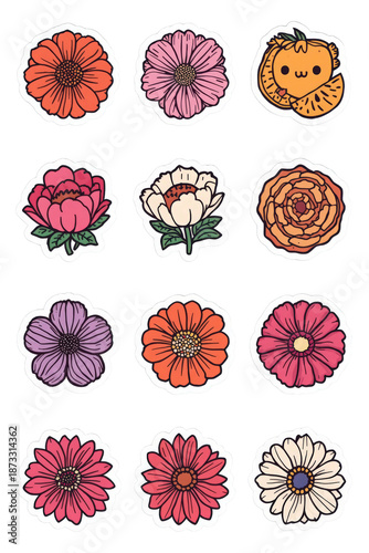 Hand drawn colorful flowers sticker set