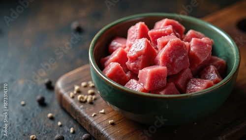 Fresh raw red meat cubes fill green bowl. Diced lean protein sits on wooden cutting board, with spices scattered around. Healthy ingredient ready for pet food, BARF diet option, gourmet cooking