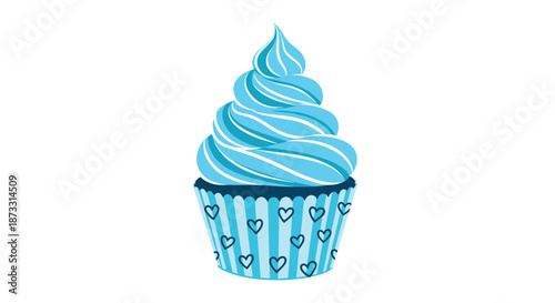 Delicious blue cupcake with a high swirl of frosting and a striped wrapper decorated with small hearts on a plain white backdrop.