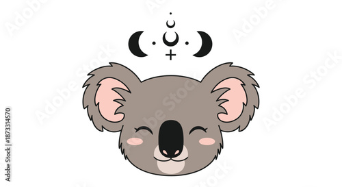 Adorable koala face with pink cheeks and a happy smile topped with mystical celestial symbols of moons and a small cross on white.