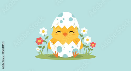 Happy Easter chick with closed eyes sitting in a cracked blue-spotted eggshell surrounded by daisies and red flowers on blue background.