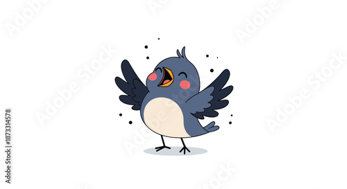Joyful blue bird singing with its wings spread wide featuring pink cheeks and small black dots in a lively and fun cartoon style.
