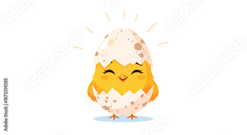 Cheerful yellow chick sitting in a speckled eggshell with rays of light emanating from the top ideal for Easter holiday greeting cards.