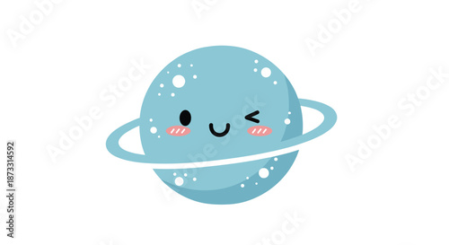 Cute blue planet character with rings a winking face and small white craters floating on a clean and simple white background for kids.