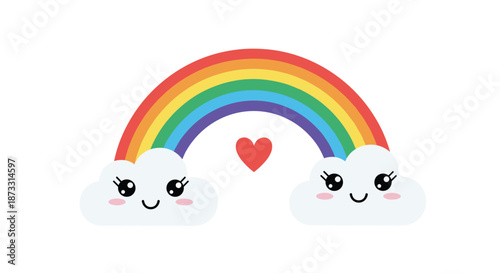 Colorful rainbow stretching between two happy white clouds with faces and pink cheeks featuring a small red heart in the center.