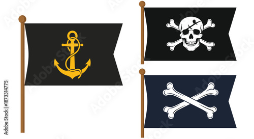 Set of three pirate flags including the classic skull and crossbones an anchor and crossed bones on black backgrounds.