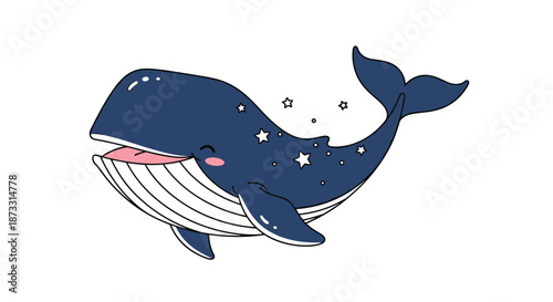 Dark blue whale illustration decorated with small white stars on its back swimming in a magical ocean theme.