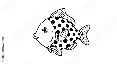 Spotted fish illustration with a smiling face and detailed fins rendered as a black and white outline for coloring activities.