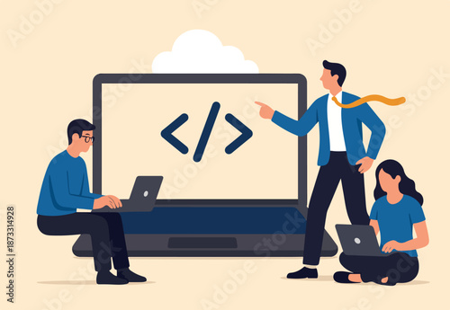 Software development, coding team, programming frontend backend framework, debugging algorithm, testing or deployment concept, young people software engineer working with online cloud computer laptop.
