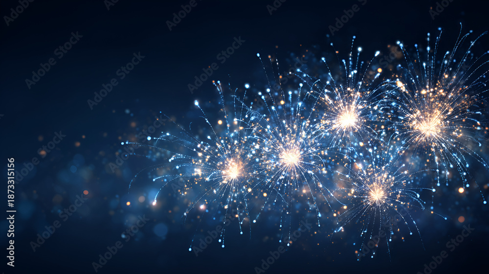 Obraz premium Vibrant fireworks exploding in dark night sky with sparkling blue and gold lights