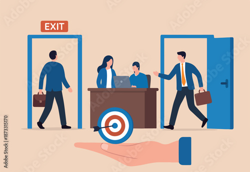 Staff turnover or job rotation in people management, human resources to manage to recruit new people for replacement concept, businessman new hire entering office while other resigned for new job