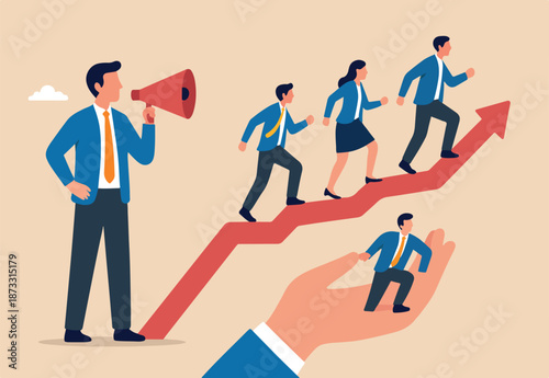 Motivate employee, career improvement or inspiration for self development to success in work, motivation or advice for business growth, businessman with megaphone motivate employees to walk up arrow.