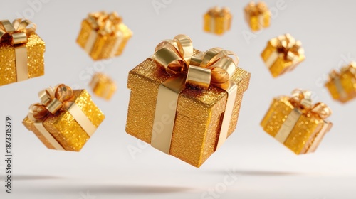 Golden gift boxes flying in the air, isolated on white backgrounded, clean and festive composition, perfect for celebration designs