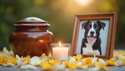 Pet memorial features urn, lit candle and framed photo with dog portrait surrounded by flower petals. Outdoor setting with soft light shows quiet remembrance and deep affection.