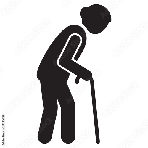 Simple Monochromatic Silhouette Icon of Elderly Person with Cane