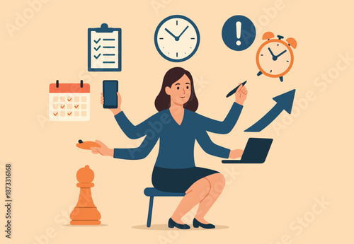Multitasking or manage project, task or work efficiency, productivity or time management, workload balance or work responsibility concept, productive woman with multiple hands handle multitasking job