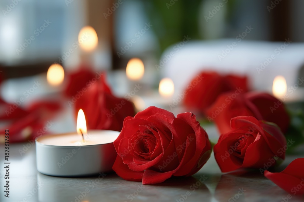 Fototapeta premium Romantic red roses and candlelight setting for intimate ambiance