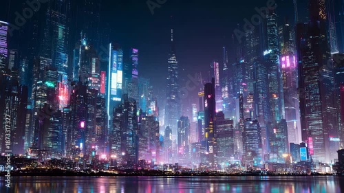 4K Futuristic cyberpunk cityscape at night with neon lights reflected in water modern urban skyline with vibrant illumination video
