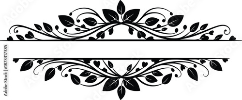 Floral decorative border, intricate design, vintage foliage, elegant vector illustration, leaf pattern, stylish divider, decorative flourish, black silhouette, ornate details