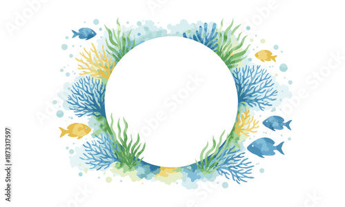 Watercolor coral reef frame with empty center space
 vector illustration, easily editable. 