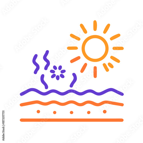 Environmental factors affecting surface or skin, depicting sun, evaporation, and particles Vector