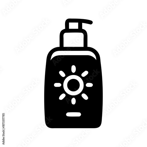 Protective sunscreen lotion bottle icon featuring a radiant sun symbol for comprehensive skin care Vector