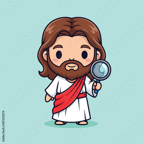Cute Cartoon Jesus Holding Magnifying Glass.