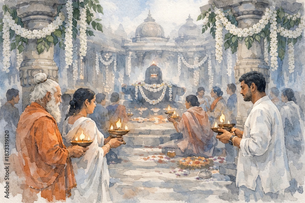 Naklejka premium Hindu devotees in traditional attire performing maha shivaratri pooja at ancient temple with shiva lingam, adorned with flowers, garlands, and oil lamps. concept of spiritual devotion and worship.
