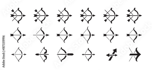 Bow and Arrow Archery Icon Set. Black Line Style, Minimal Bow, Archery Equipment Bow and Arrow Icon, Bow and Arrow Line Icon. Vector illustration eps 10