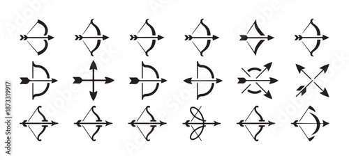 Bow and Arrow Archery Icon Set. Black Line Style, Minimal Bow, Archery Equipment Bow and Arrow Icon, Bow and Arrow Line Icon. Vector illustration eps 10
