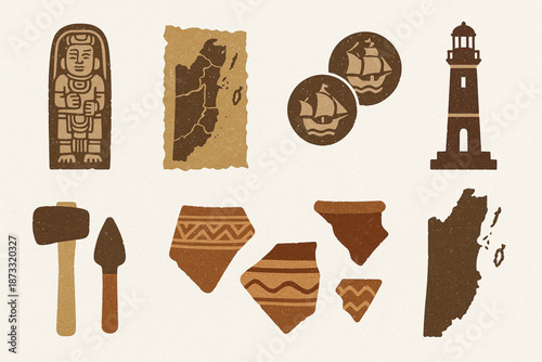 Belize Historical Icon Set with Maya, Colonial, and Archaeological Symbols