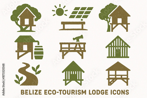 Belize Eco-Tourism Lodge Icon Set with Sustainable Buildings and Nature Activities