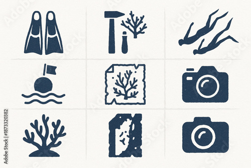 Belize Ocean Adventure Icon Set with Snorkeling, Diving, and Reef Exploration