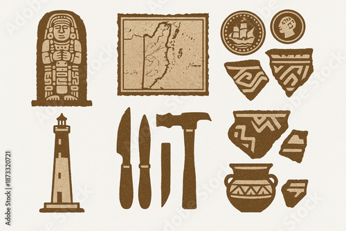 Belize Historical Icon Set with Maya, Colonial, and Archaeological Symbols