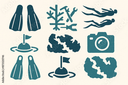 Belize Ocean Adventure Icon Set with Snorkeling, Diving, and Reef Exploration