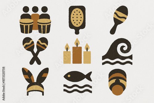Garifuna Spirituality Icon Set with Ancestral Rituals and Cultural Symbols