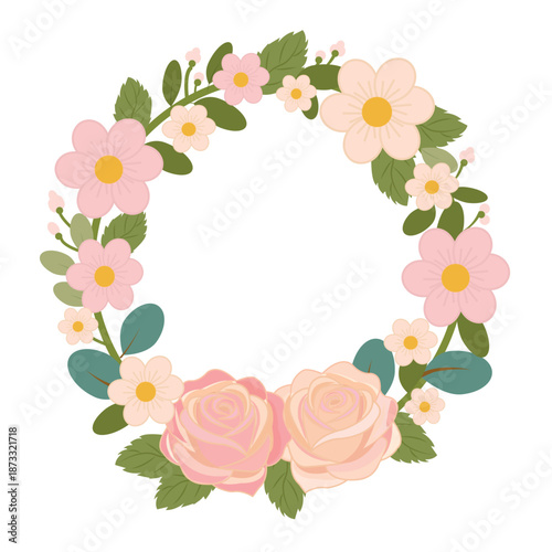 A round frame of spring flowers and leaves, composed of large blooms and greenery. Clean vector illustration isolated on a white background.